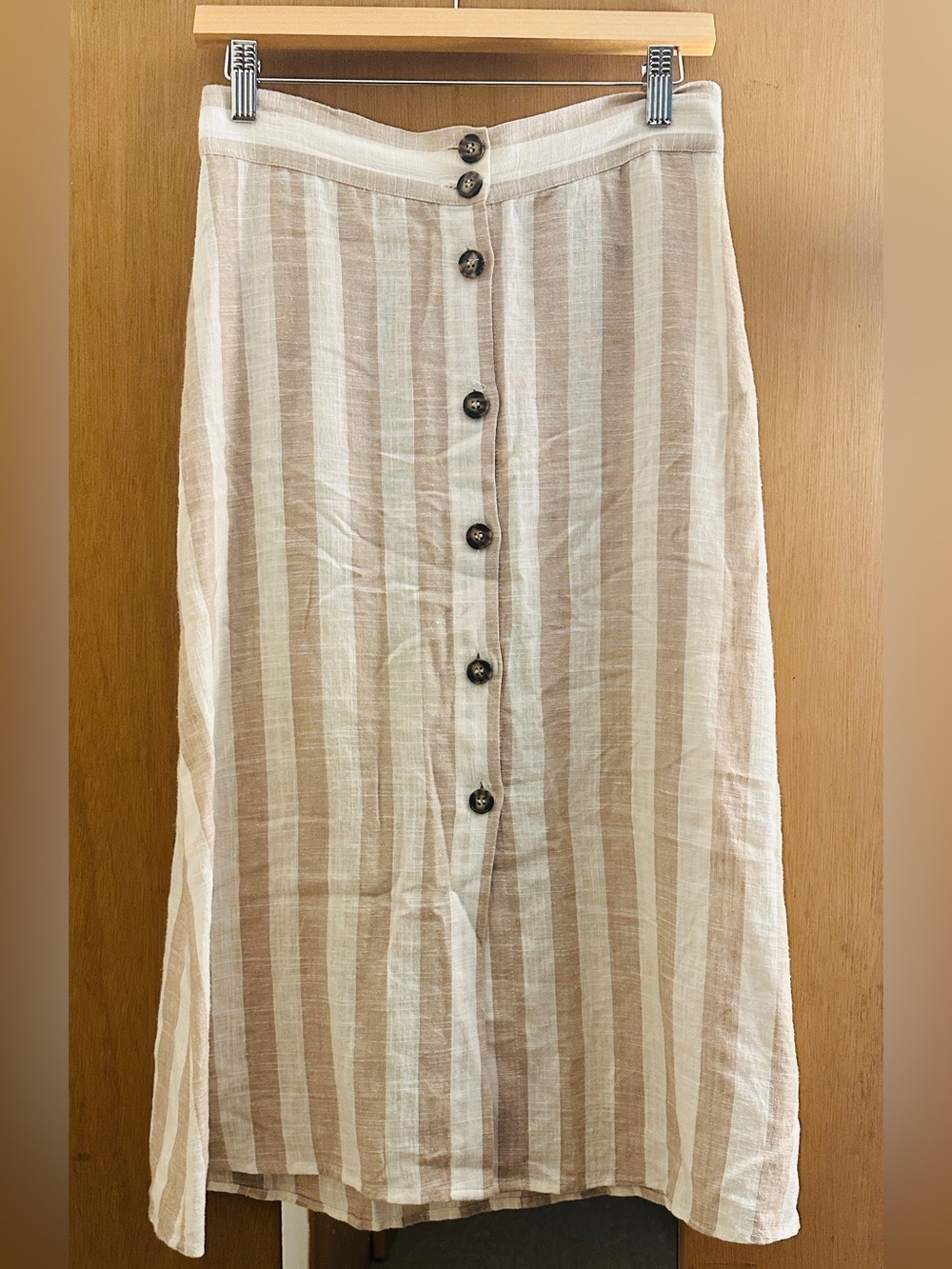 Beige and White Striped Linen-blend Midi Skirt - Picture 2 of 4